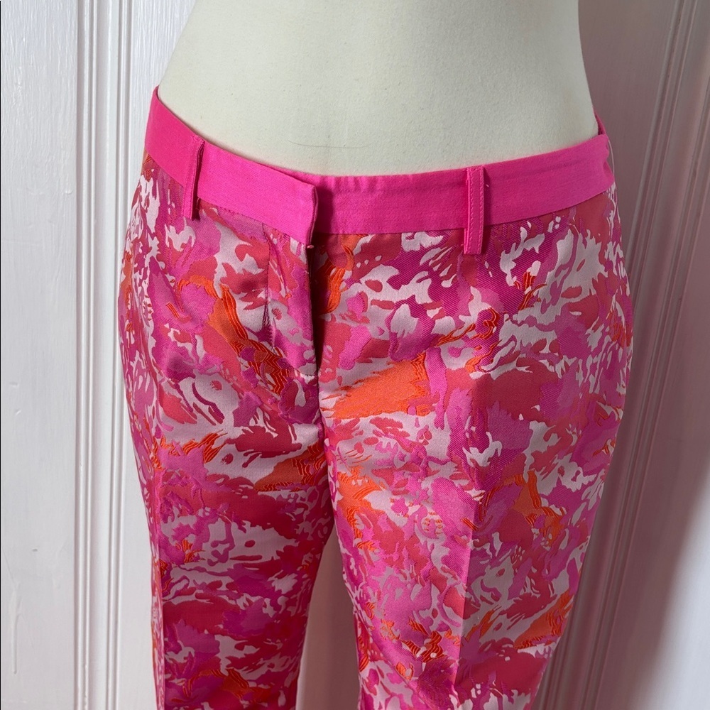 🌺 PINK TARTAN Neon Pink & Orange Brocade Cigarette Pants — Size 6 - Picture 5 of 7